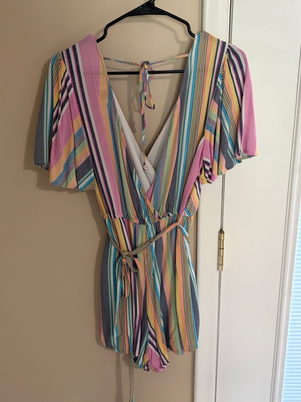Striped V-Neck Tie-Waist Romper in Pastel Multicolor